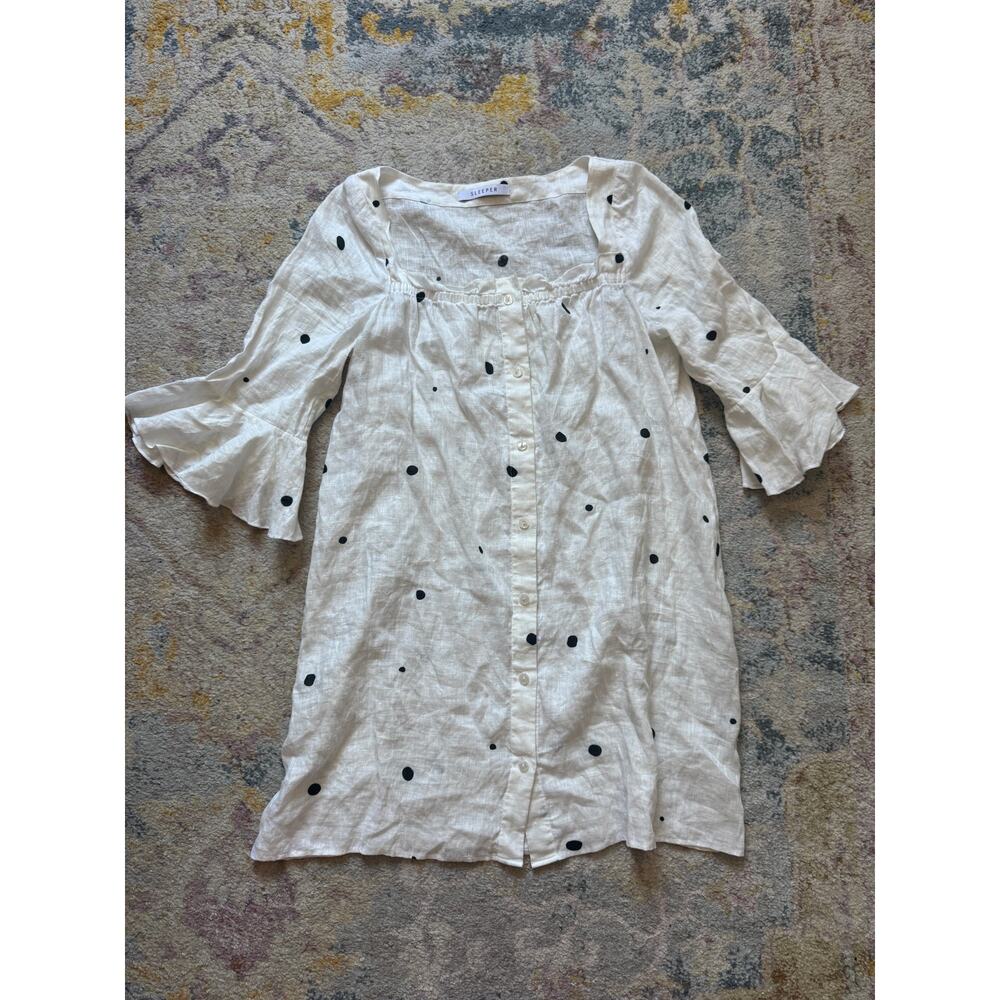 Sleeper White Linen Shift Dress with Black Dot Print - Picture 2 of 5
